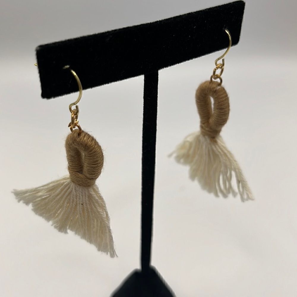 2.5” Gold Tone Large Cream Taupe Looped Tassel Bohemian Earrings